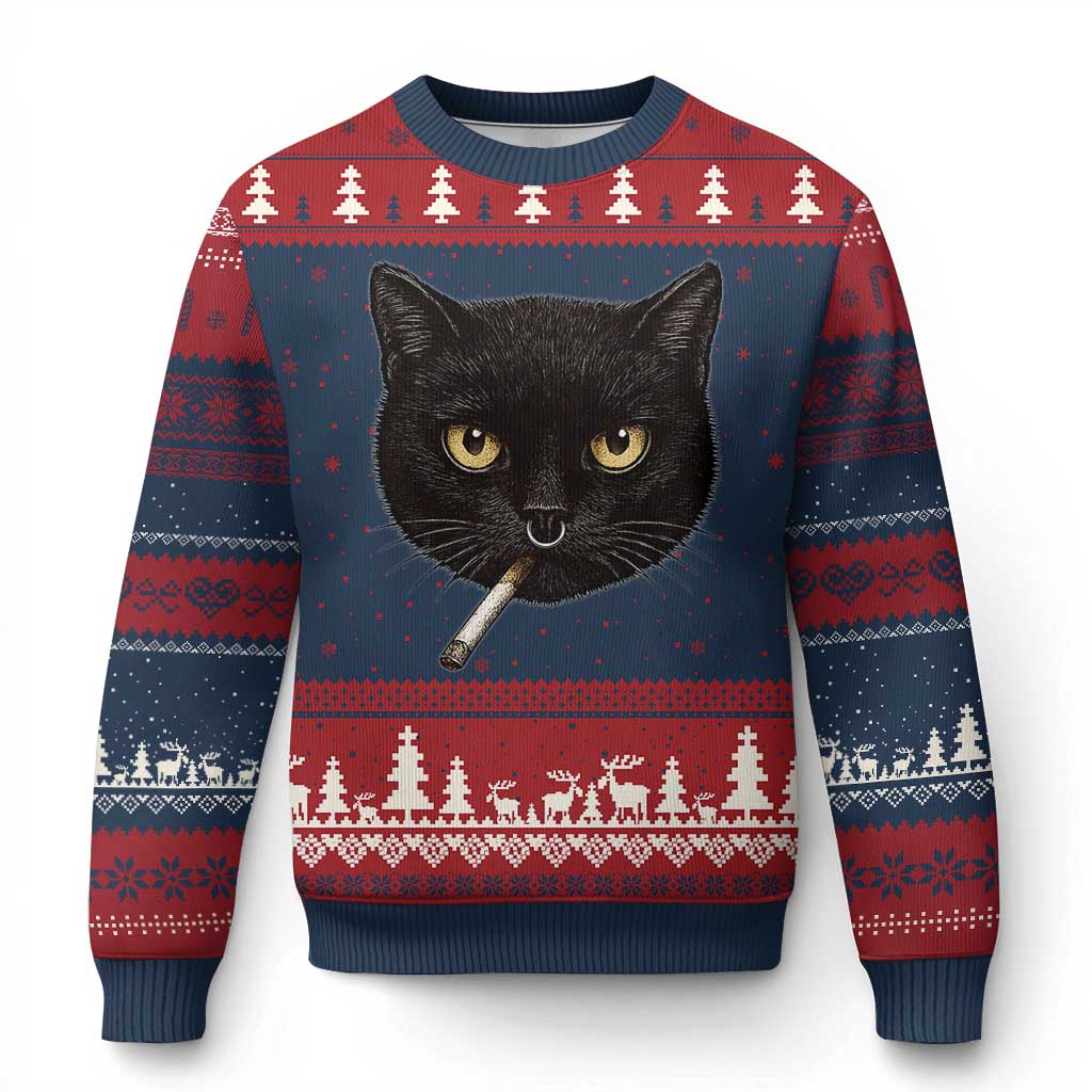 Smoking Cat Y2K Ugly Christmas Sweater Vintage Black Cat Edgy Retro 90s Grunge - Wonder Print Shop