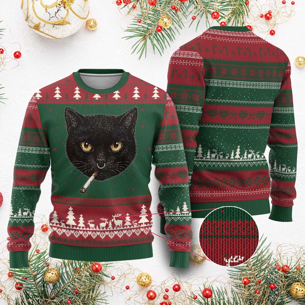 Smoking Cat Y2K Ugly Christmas Sweater Vintage Black Cat Edgy Retro 90s Grunge - Wonder Print Shop