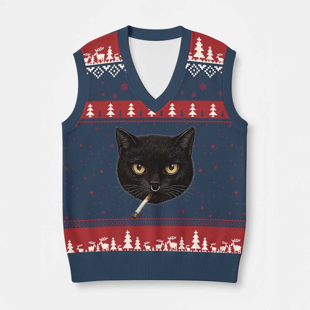Smoking Cat Y2K V-Neck Knit Sweater Vest Vintage Black Cat Edgy Retro 90s Grunge - Wonder Print Shop