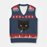 Smoking Cat Y2K V-Neck Knit Sweater Vest Vintage Black Cat Edgy Retro 90s Grunge - Wonder Print Shop