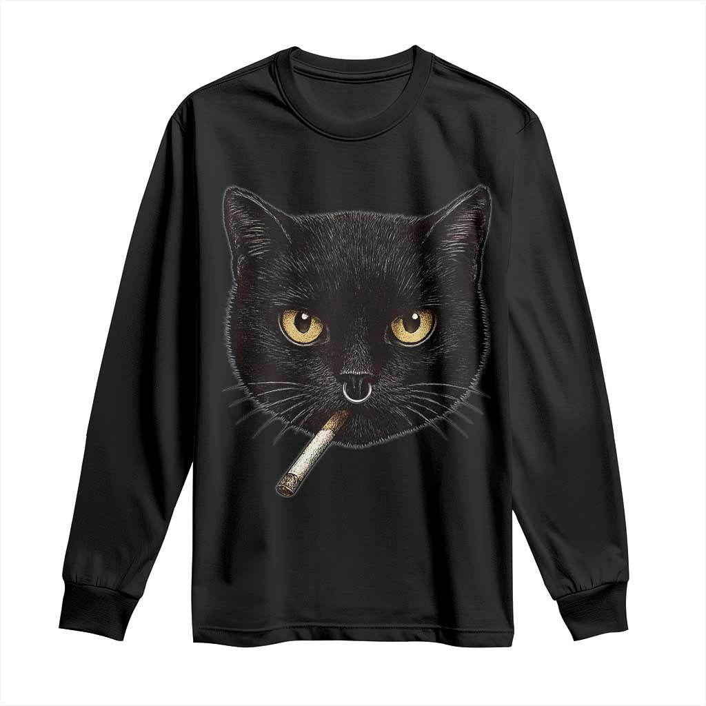 Smoking Cat Y2K Long Sleeve Shirt Vintage Black Cat Edgy Retro 90s Grunge - Wonder Print Shop
