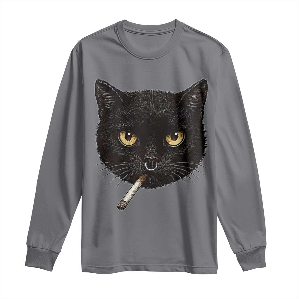 Smoking Cat Y2K Long Sleeve Shirt Vintage Black Cat Edgy Retro 90s Grunge - Wonder Print Shop