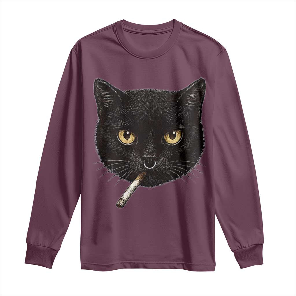 Smoking Cat Y2K Long Sleeve Shirt Vintage Black Cat Edgy Retro 90s Grunge - Wonder Print Shop