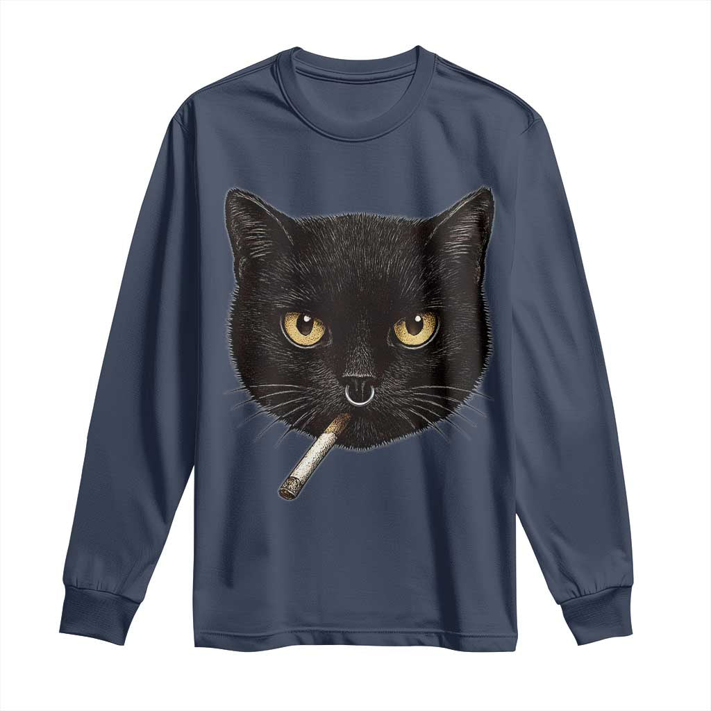 Smoking Cat Y2K Long Sleeve Shirt Vintage Black Cat Edgy Retro 90s Grunge - Wonder Print Shop
