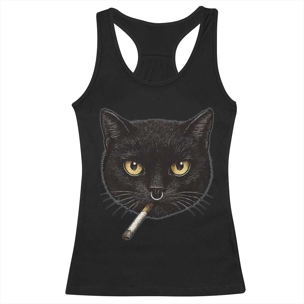 Smoking Cat Y2K Racerback Tank Top Vintage Black Cat Edgy Retro 90s Grunge - Wonder Print Shop
