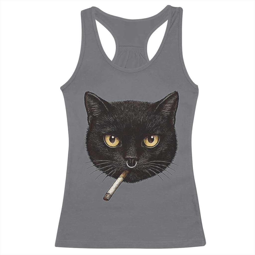 Smoking Cat Y2K Racerback Tank Top Vintage Black Cat Edgy Retro 90s Grunge - Wonder Print Shop