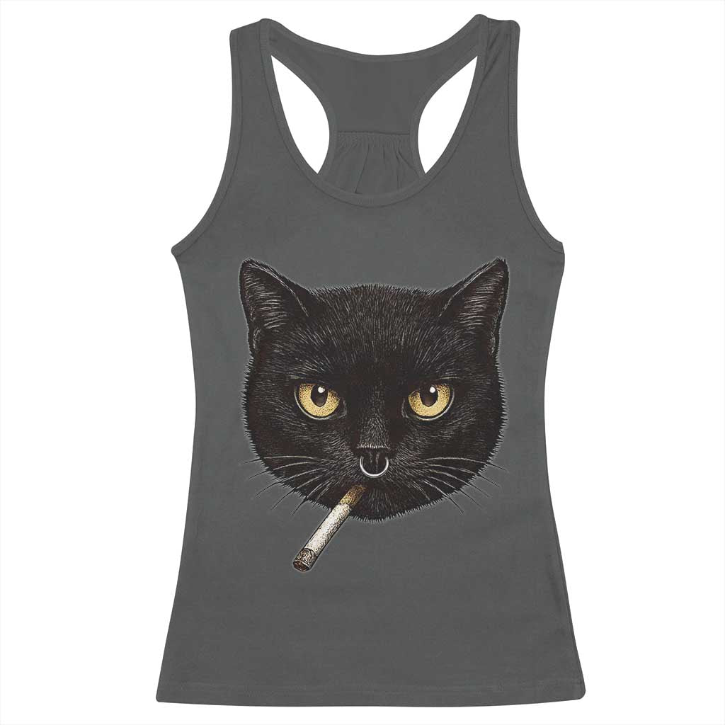 Smoking Cat Y2K Racerback Tank Top Vintage Black Cat Edgy Retro 90s Grunge - Wonder Print Shop