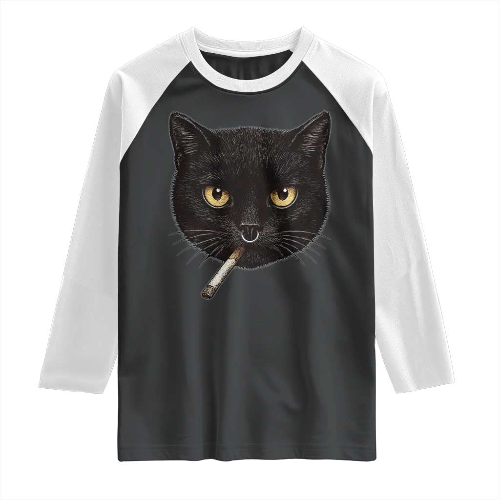 Smoking Cat Y2K Raglan Shirt Vintage Black Cat Edgy Retro 90s Grunge - Wonder Print Shop