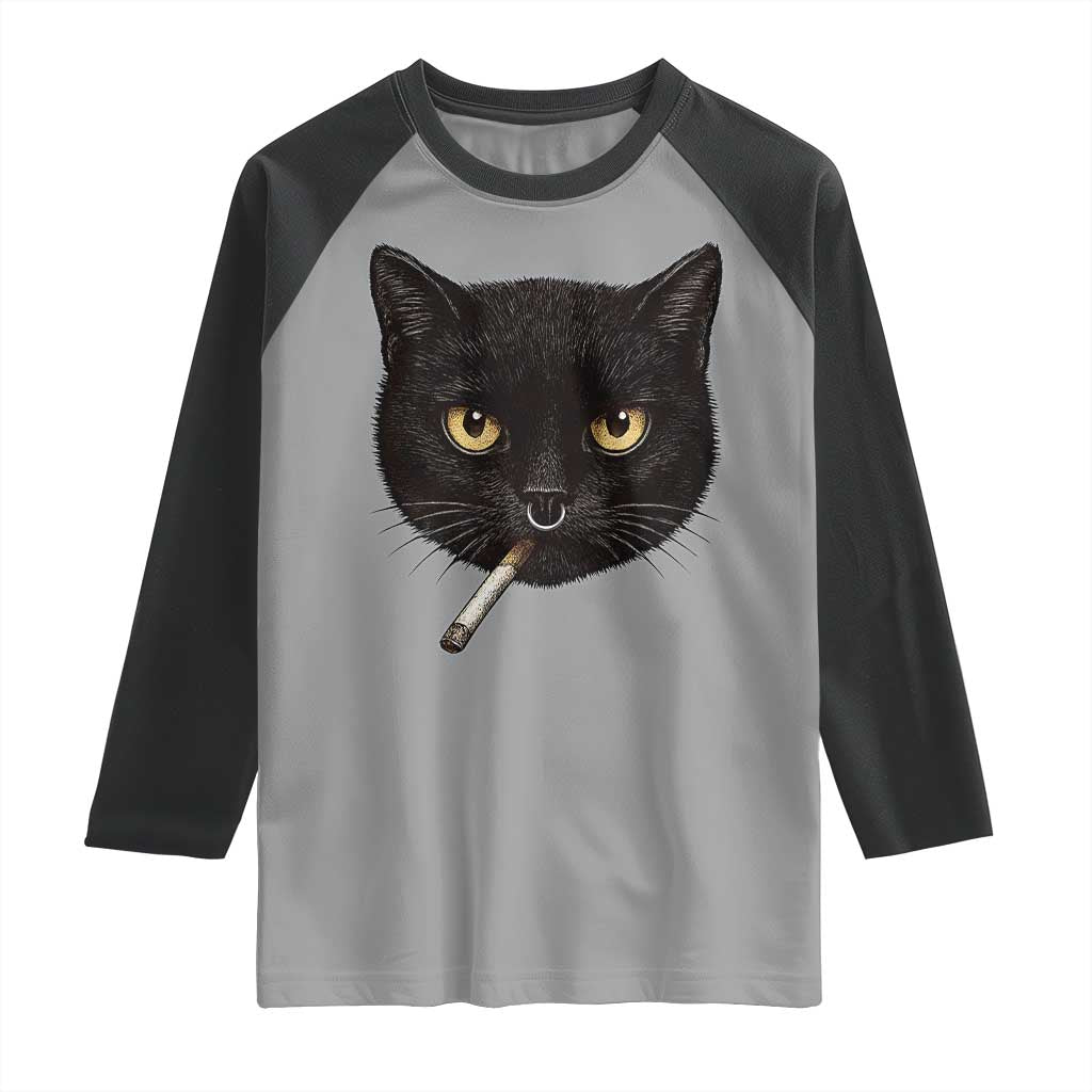 Smoking Cat Y2K Raglan Shirt Vintage Black Cat Edgy Retro 90s Grunge - Wonder Print Shop