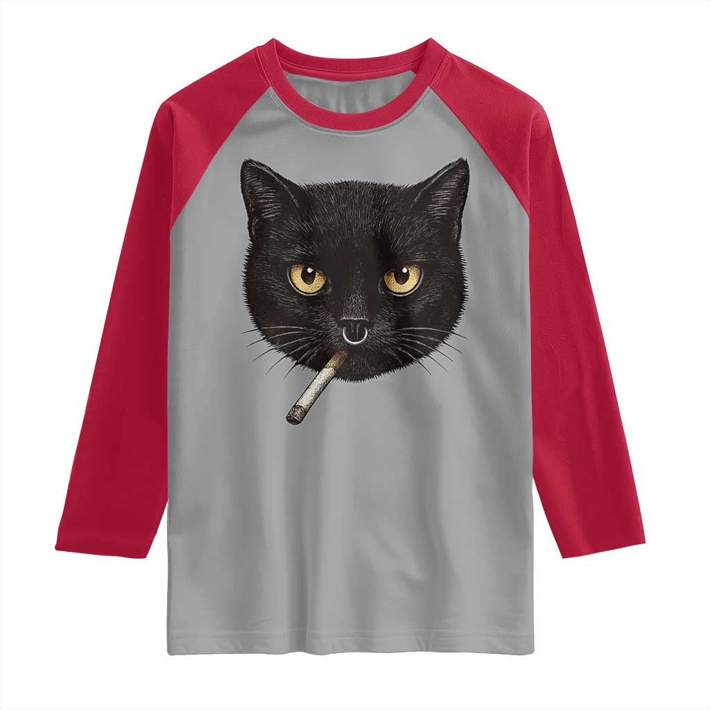 Smoking Cat Y2K Raglan Shirt Vintage Black Cat Edgy Retro 90s Grunge - Wonder Print Shop