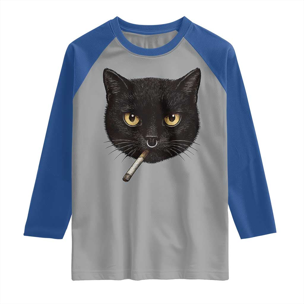 Smoking Cat Y2K Raglan Shirt Vintage Black Cat Edgy Retro 90s Grunge - Wonder Print Shop