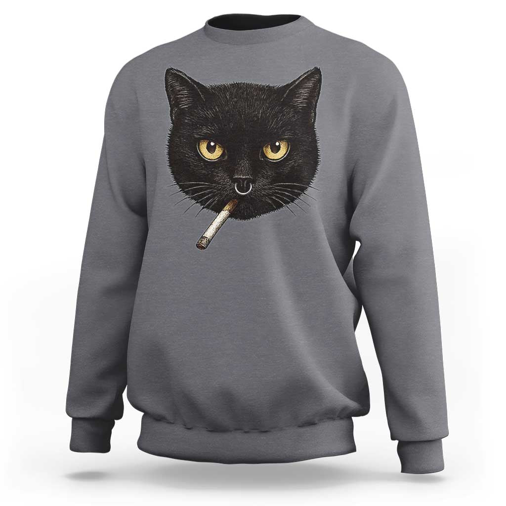 Smoking Cat Y2K Sweatshirt Vintage Black Cat Edgy Retro 90s Grunge - Wonder Print Shop