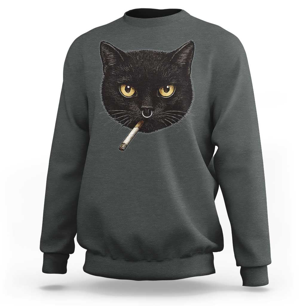 Smoking Cat Y2K Sweatshirt Vintage Black Cat Edgy Retro 90s Grunge - Wonder Print Shop