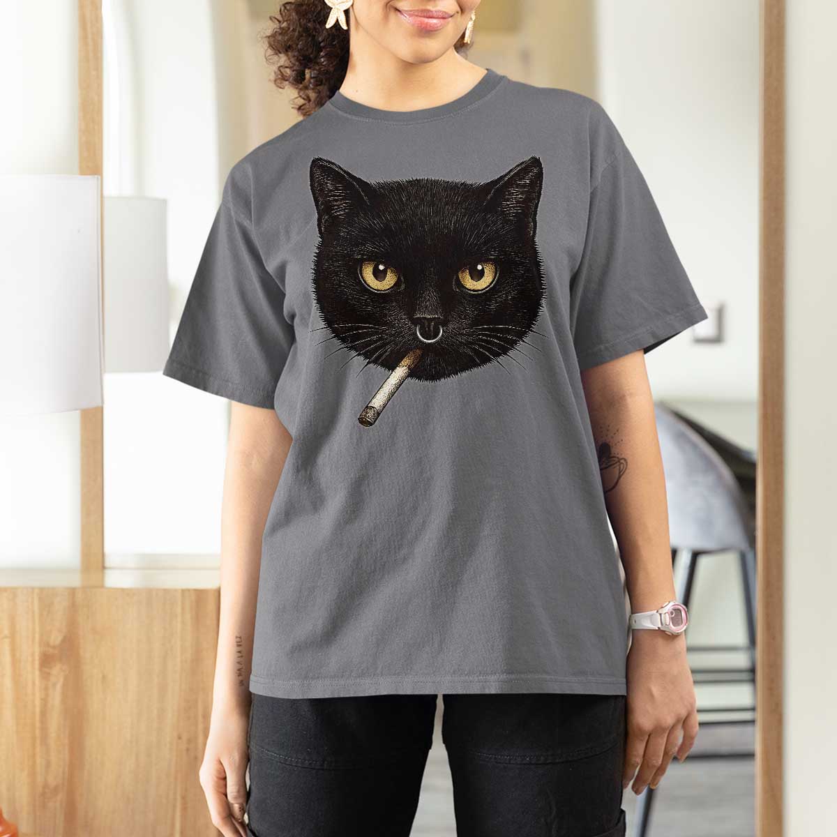 Smoking Cat Y2K T Shirt For Women Vintage Black Cat Edgy Retro 90s Grunge - Wonder Print Shop