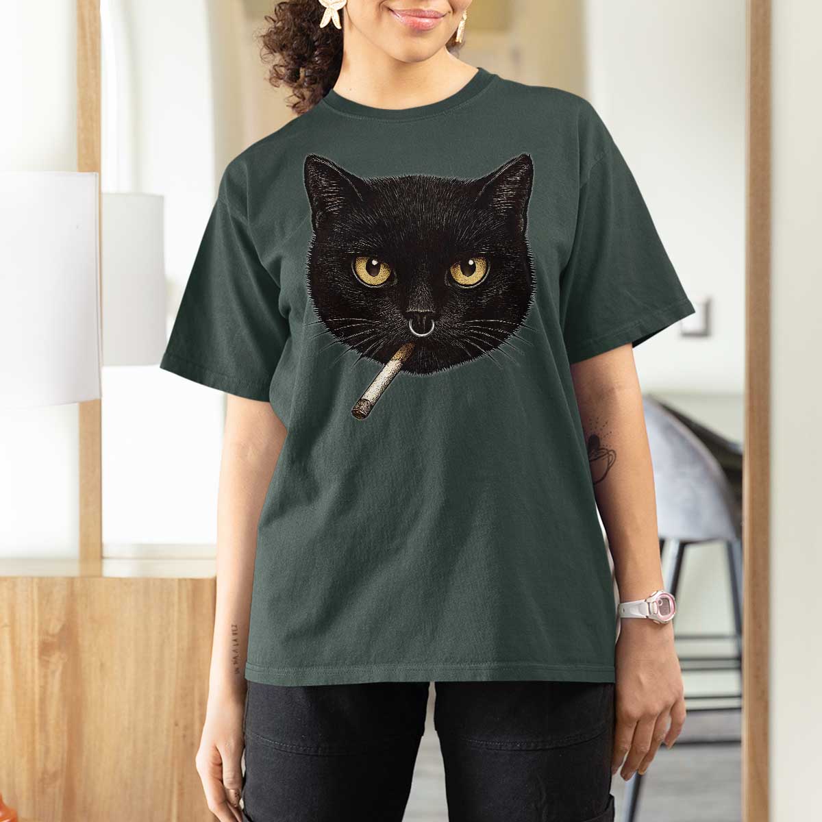 Smoking Cat Y2K T Shirt For Women Vintage Black Cat Edgy Retro 90s Grunge - Wonder Print Shop