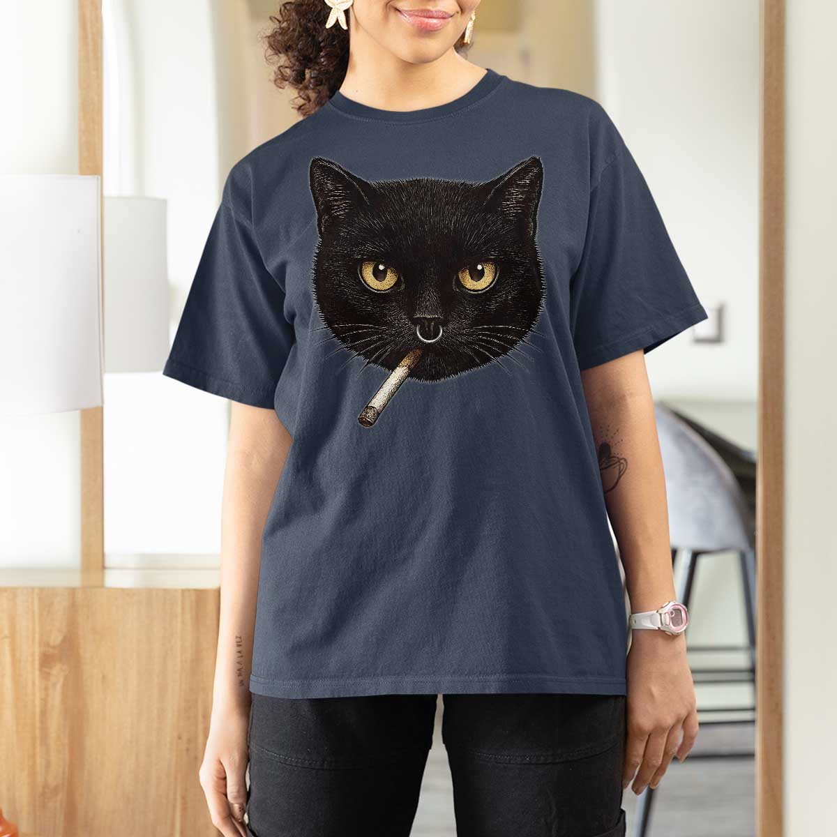 Smoking Cat Y2K T Shirt For Women Vintage Black Cat Edgy Retro 90s Grunge - Wonder Print Shop
