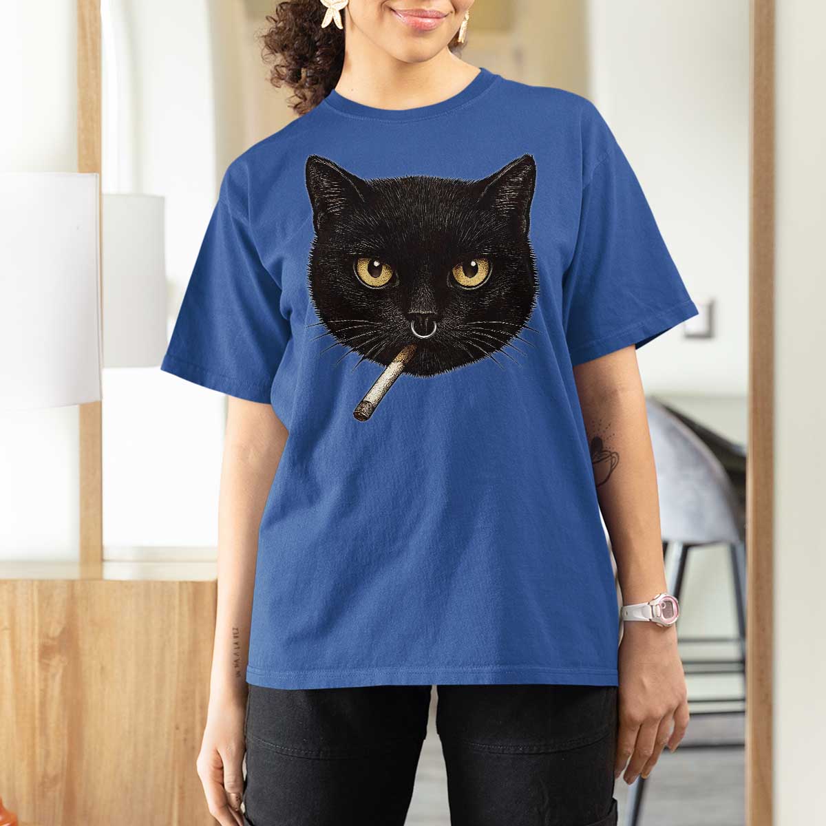 Smoking Cat Y2K T Shirt For Women Vintage Black Cat Edgy Retro 90s Grunge - Wonder Print Shop
