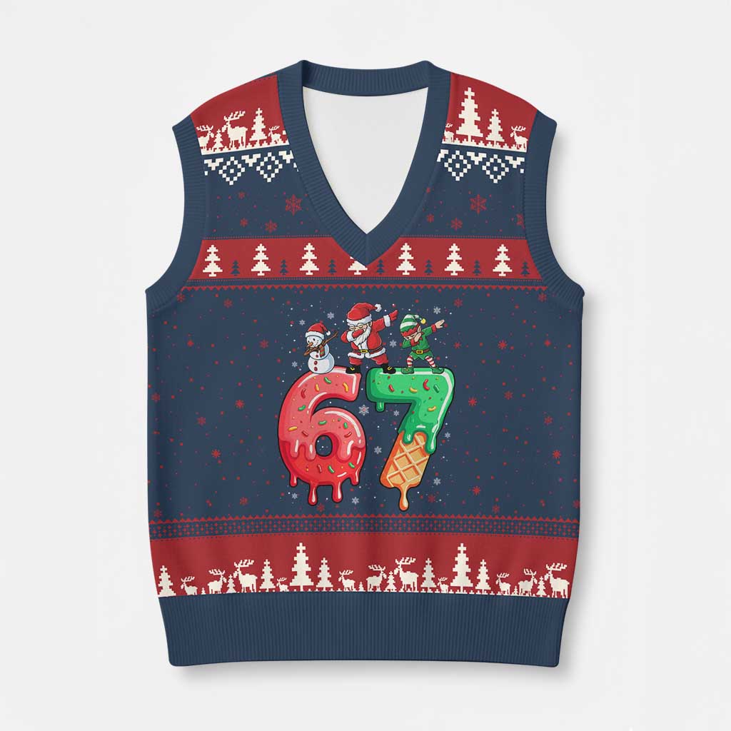 67 Six Seven Xmas V-Neck Knit Sweater Vest Funny Dabbing Santa Elf Friends 6 7 Meme Gen Alpha Slang - Wonder Print Shop