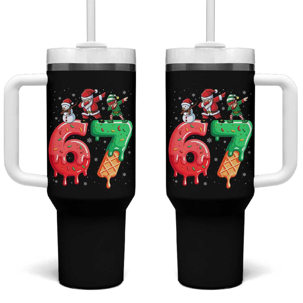67 Six Seven Christmas Tumbler With Handle Funny Dabbing Santa Elf Friends 6 7 Meme Gen Alpha Slang - Wonder Print Shop