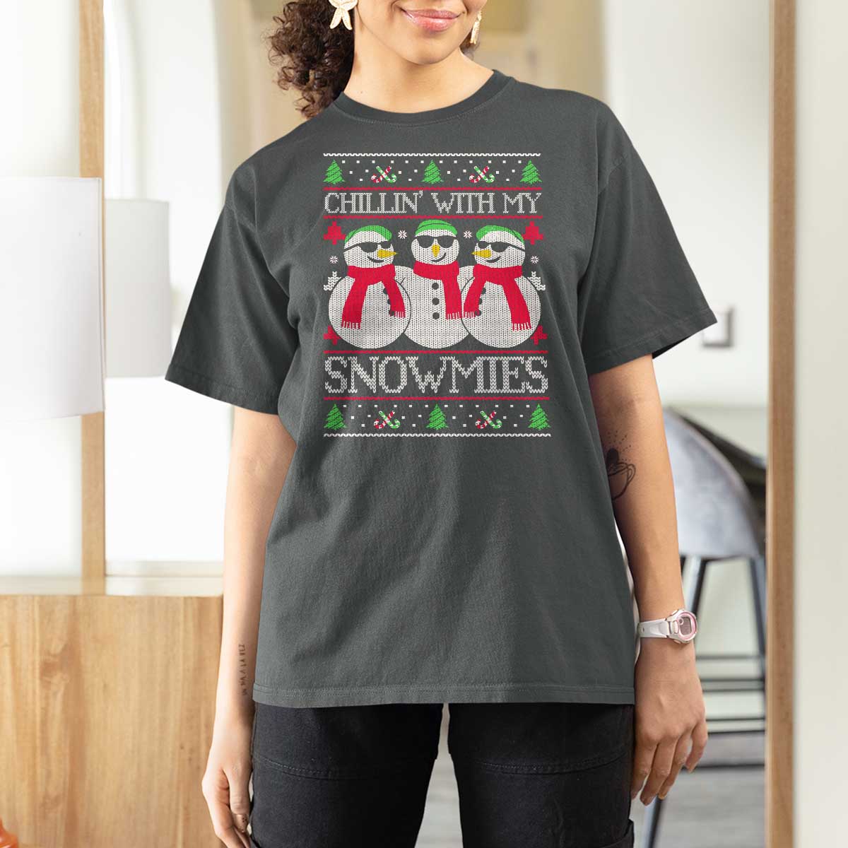 Chillin With My Snowmies T Shirt For Women Funny Snowman Christmas Kids Boys Ugly Xmas - Wonder Print Shop
