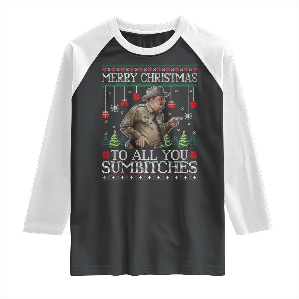Merry Christmas Sumbitches Raglan Shirt Funny Smokey Retro 80s Movie The Bandit Ugly Xmas - Wonder Print Shop