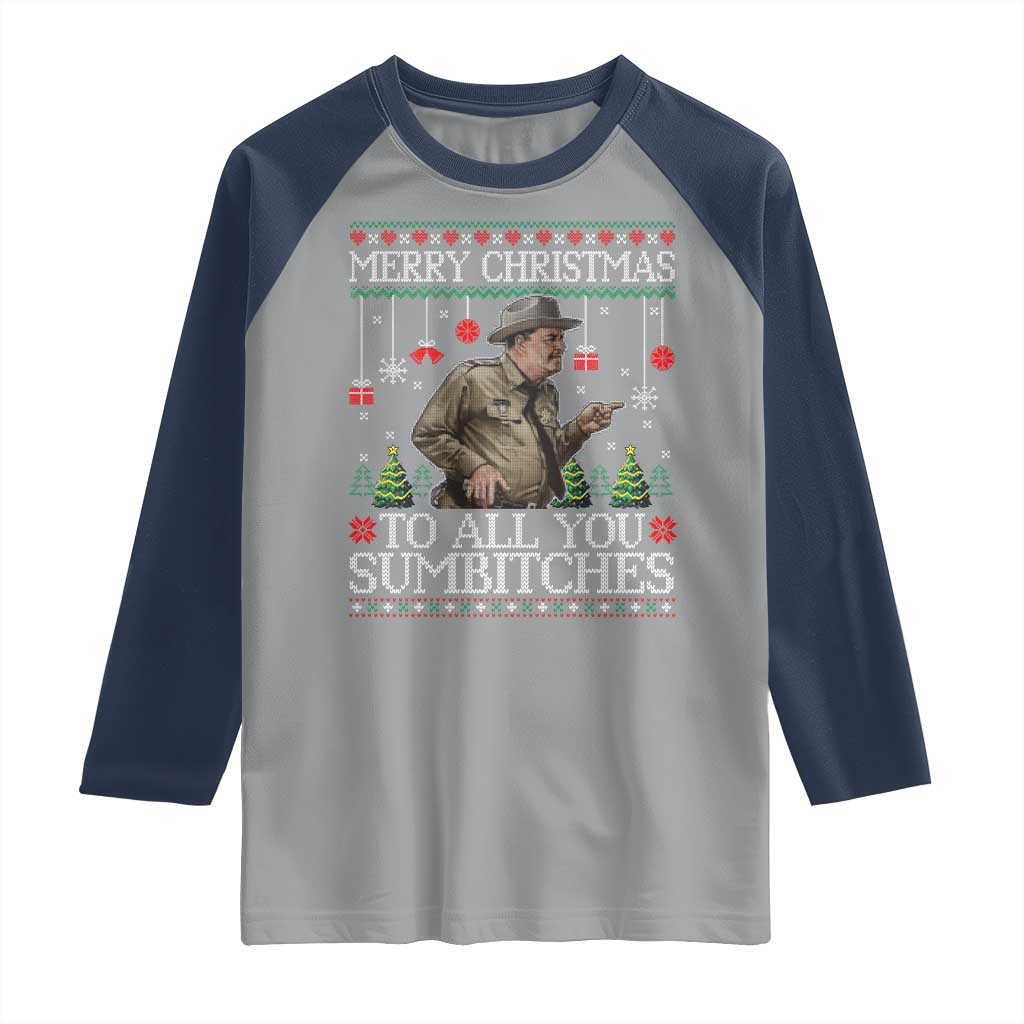 Merry Christmas Sumbitches Raglan Shirt Funny Smokey Retro 80s Movie The Bandit Ugly Xmas - Wonder Print Shop