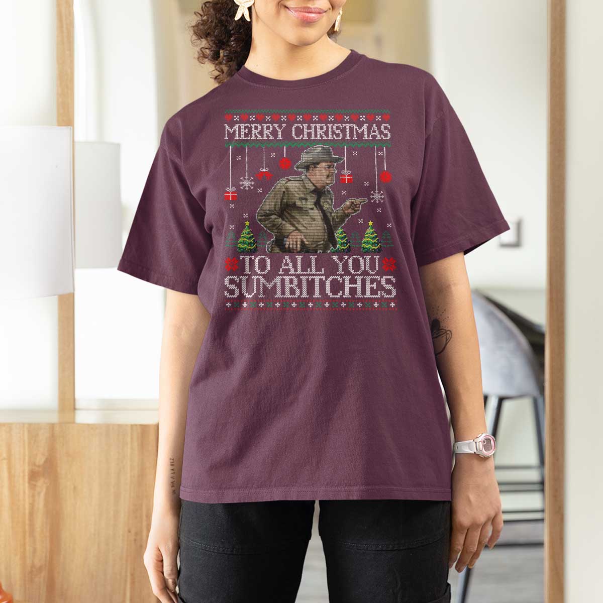 Merry Christmas Sumbitches T Shirt For Women Funny Smokey Retro 80s Movie The Bandit Ugly Xmas - Wonder Print Shop