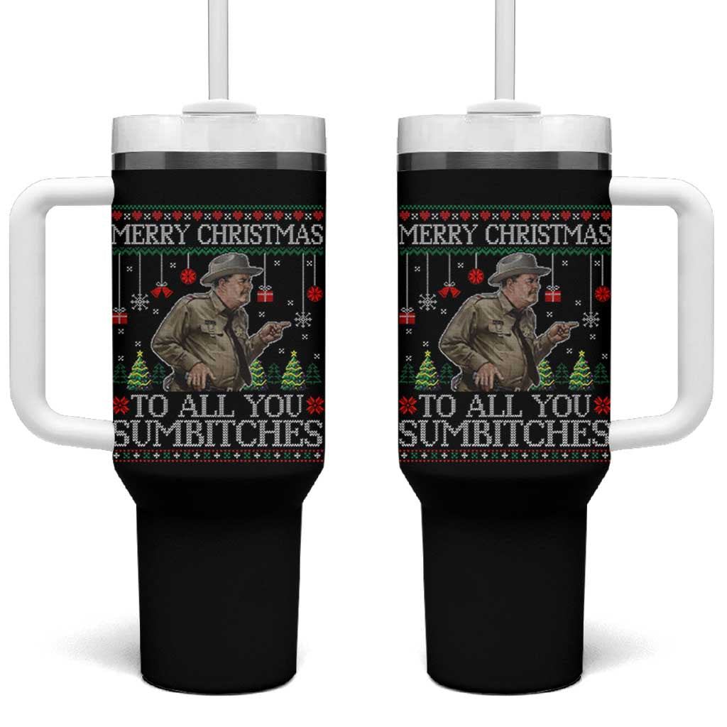 Merry Christmas Sumbitches Tumbler With Handle Funny Smokey Retro 80s Movie The Bandit Ugly Xmas - Wonder Print Shop