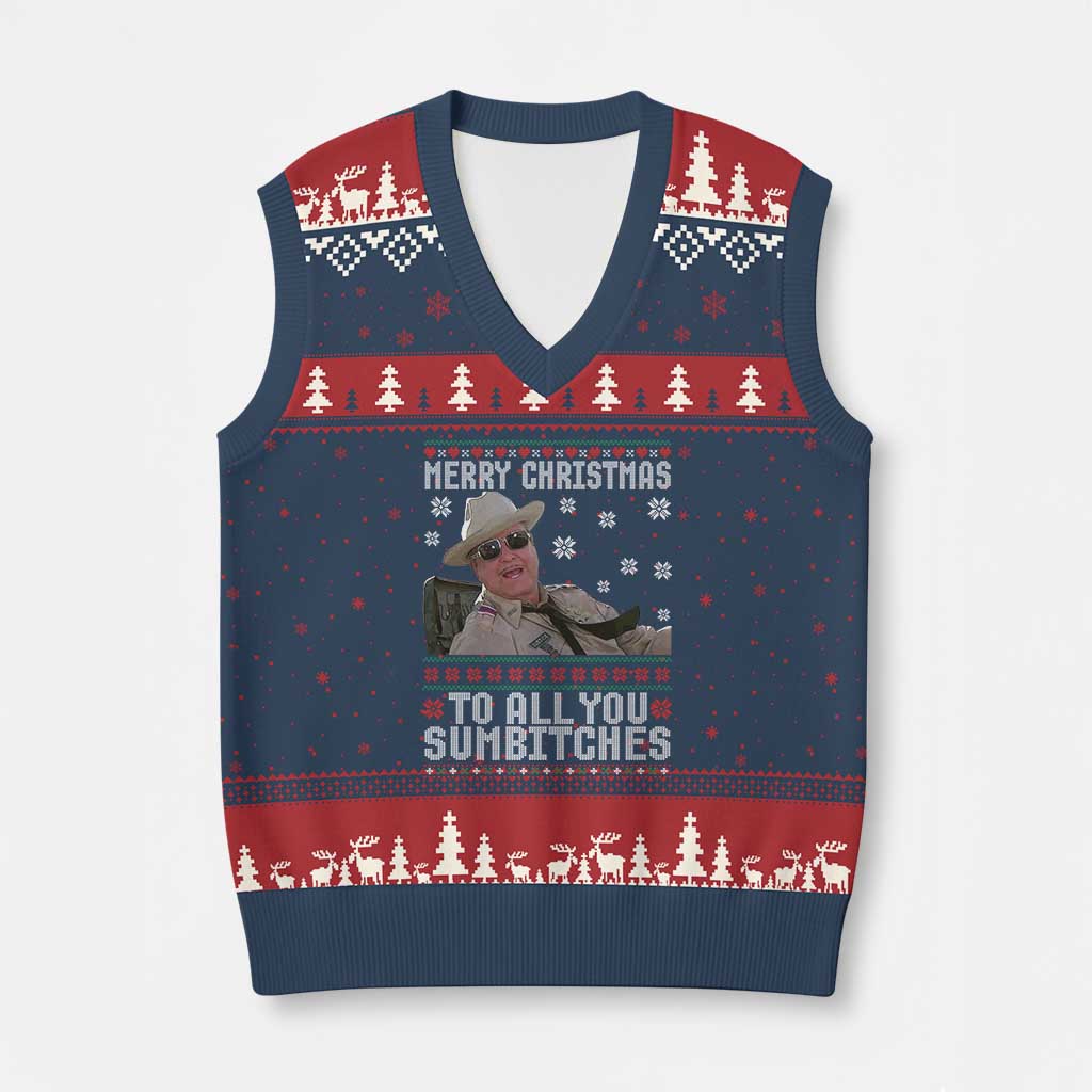 Merry Xmas To All You Sumbitches V-Neck Knit Sweater Vest Funny Ugly Xmas Retro 80s Movie - Wonder Print Shop