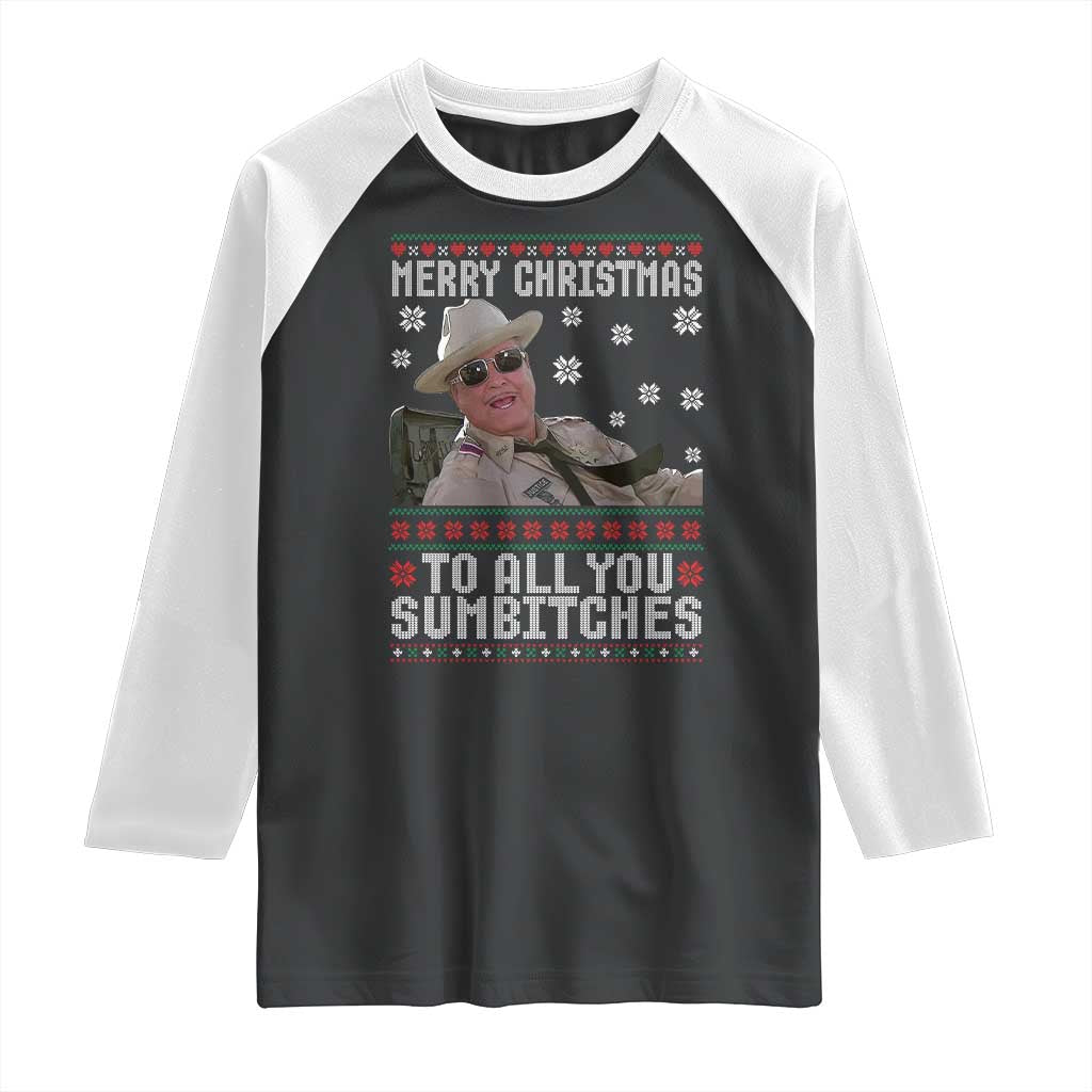 Merry Christmas To All You Sumbitches Raglan Shirt Funny Ugly Xmas Retro 80s Movie - Wonder Print Shop