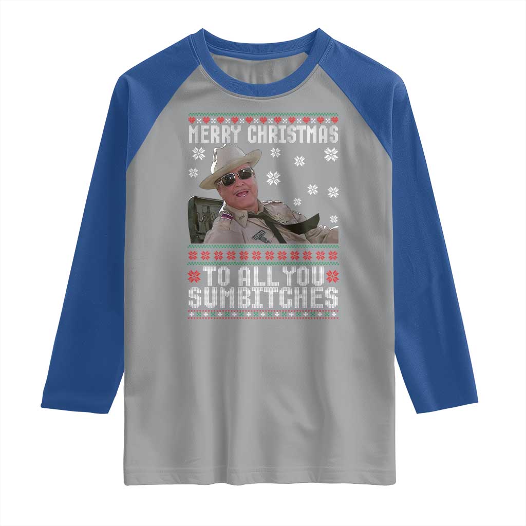 Merry Christmas To All You Sumbitches Raglan Shirt Funny Ugly Xmas Retro 80s Movie - Wonder Print Shop