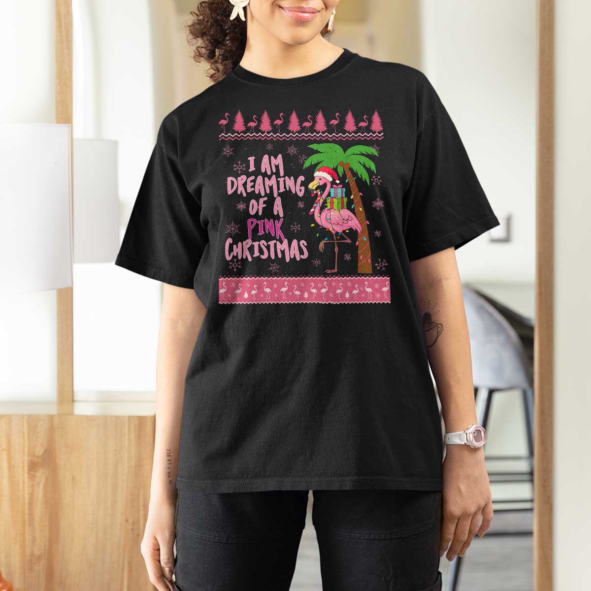 I Am Dreaming Of A Pink Christmas T Shirt For Women Family Trip Santa Flamingo Palm Tree Ugly Xmas - Wonder Print Shop