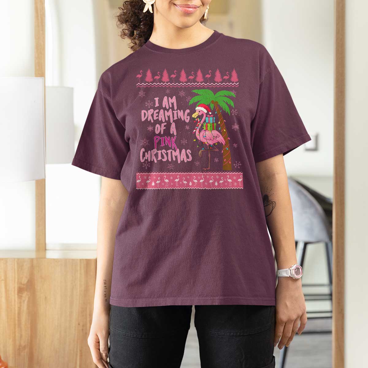 I Am Dreaming Of A Pink Christmas T Shirt For Women Family Trip Santa Flamingo Palm Tree Ugly Xmas - Wonder Print Shop