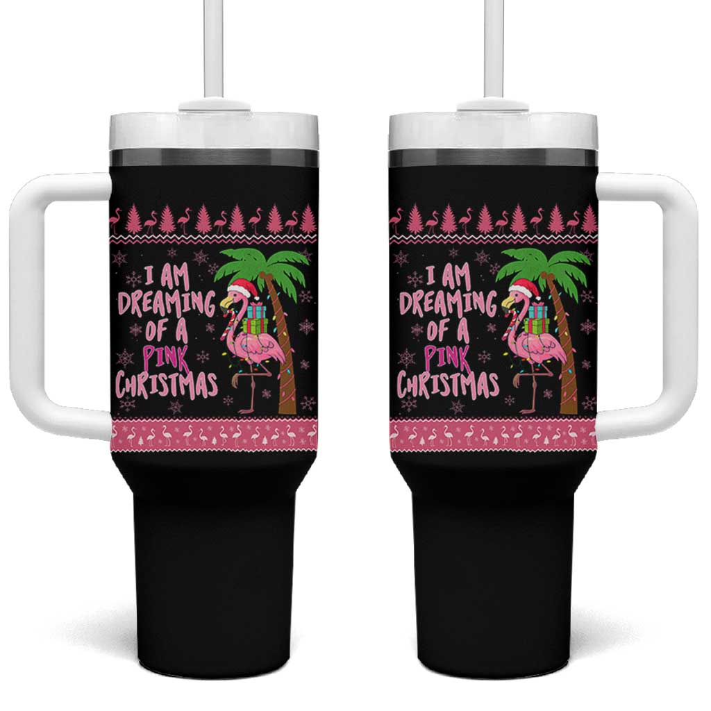 I Am Dreaming Of A Pink Christmas Tumbler With Handle Family Trip Santa Flamingo Palm Tree Ugly Xmas - Wonder Print Shop