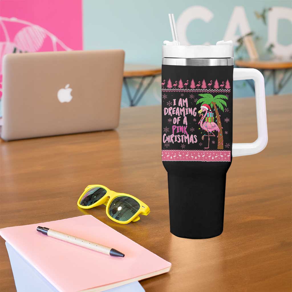 I Am Dreaming Of A Pink Christmas Tumbler With Handle Family Trip Santa Flamingo Palm Tree Ugly Xmas - Wonder Print Shop