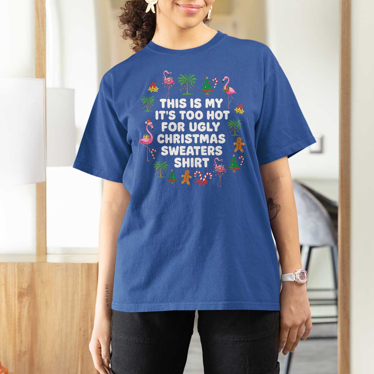 Too Hot For Ugly Christmas Sweaters T Shirt For Women Funny Xmas Family Flamingo - Wonder Print Shop