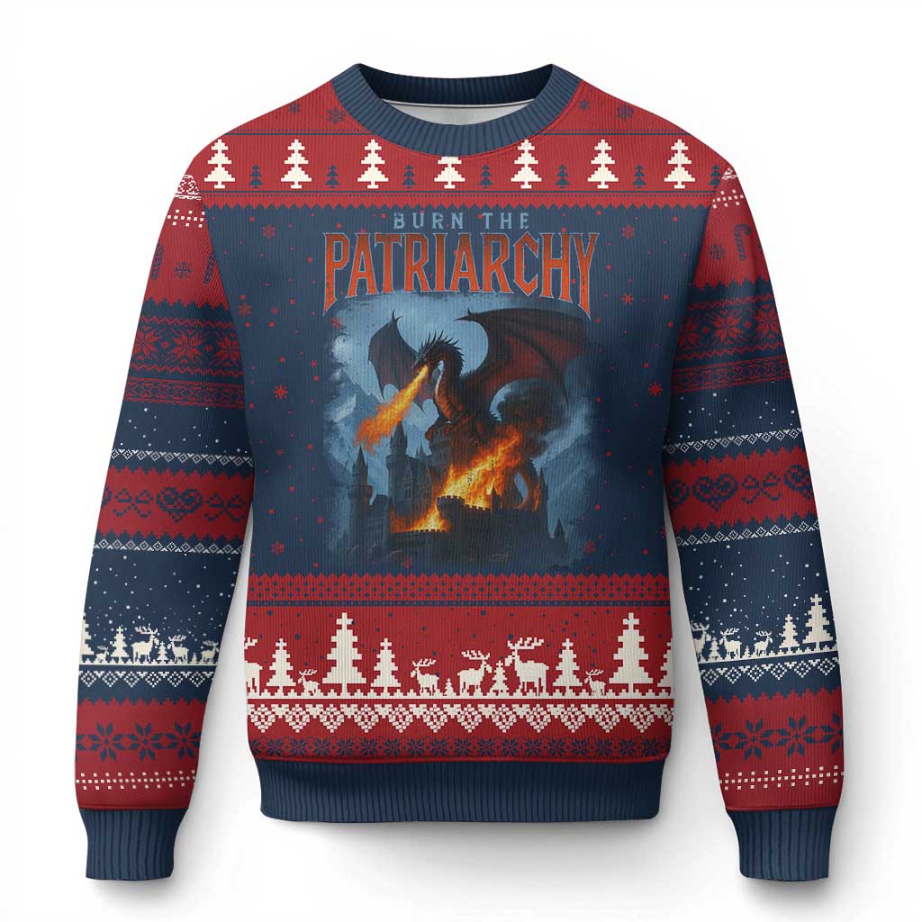 Vintage 90s Feminism Dragon Ugly Christmas Sweater Burn the Patriarchy - Wonder Print Shop