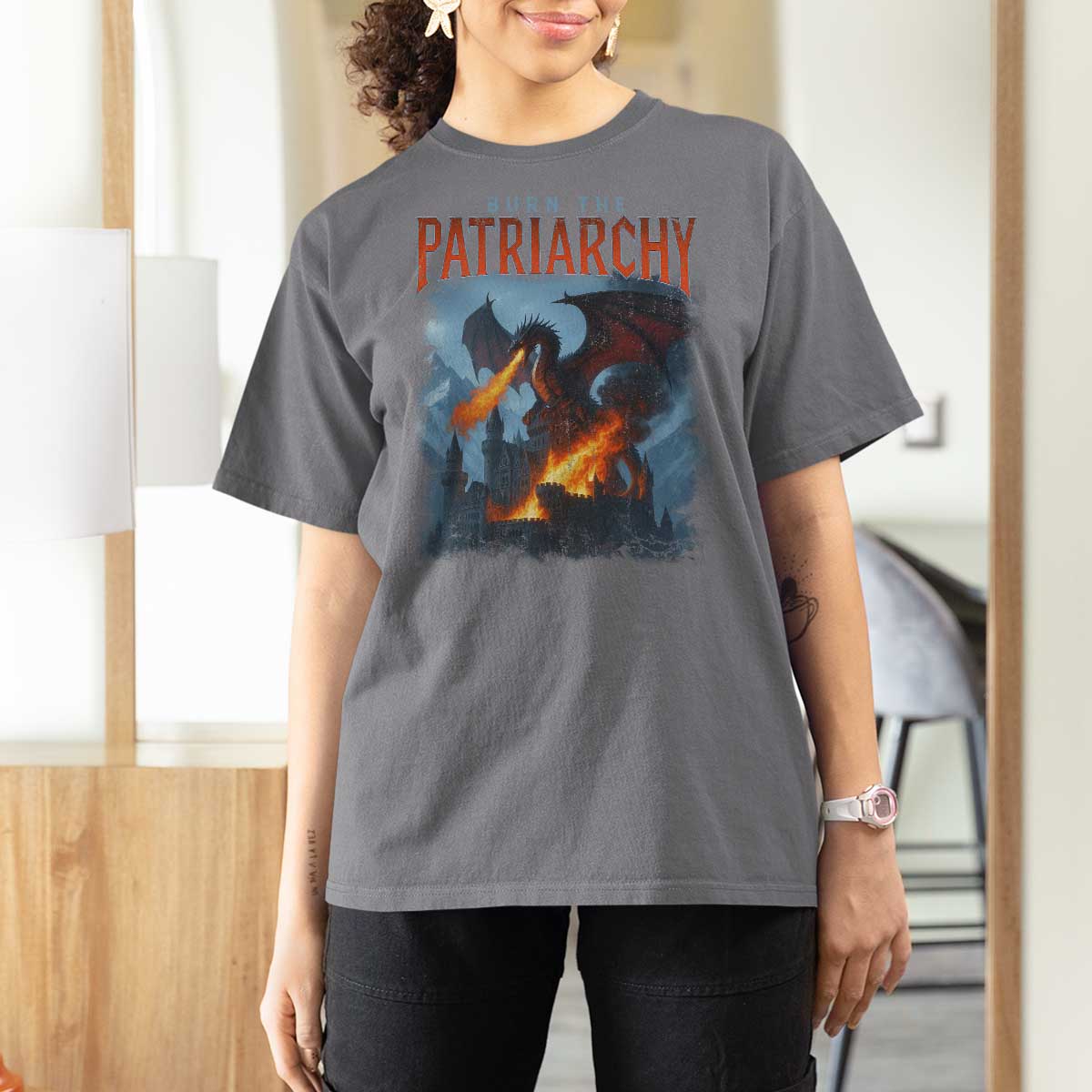 Vintage 90s Feminism Dragon T Shirt For Women Burn the Patriarchy - Wonder Print Shop