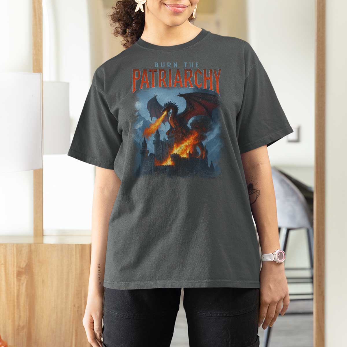 Vintage 90s Feminism Dragon T Shirt For Women Burn the Patriarchy - Wonder Print Shop