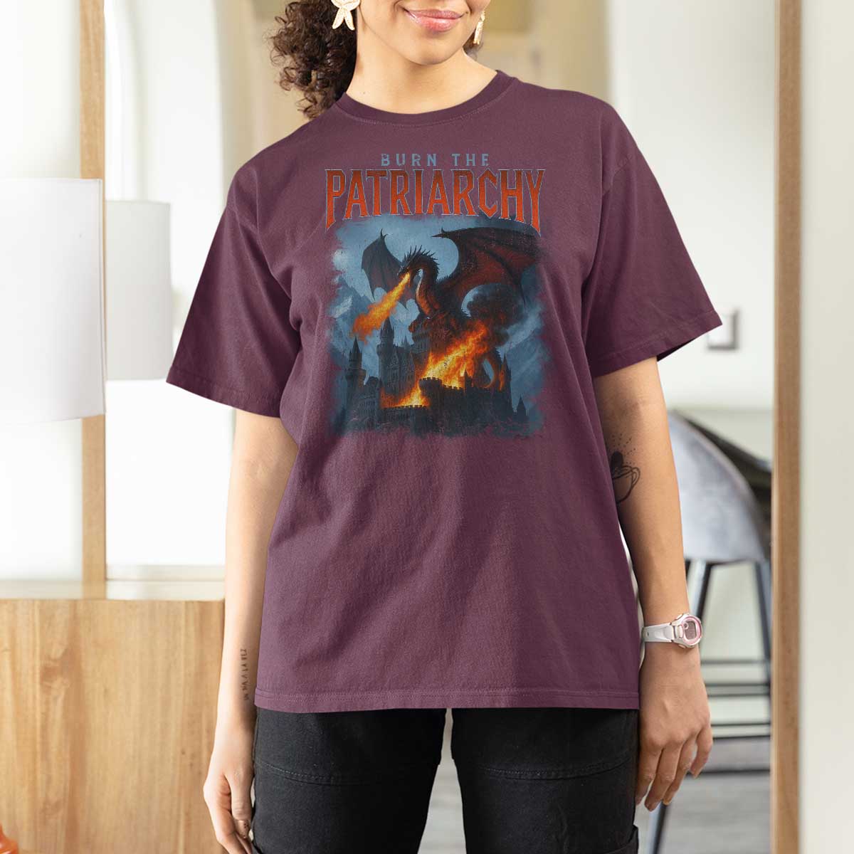 Vintage 90s Feminism Dragon T Shirt For Women Burn the Patriarchy - Wonder Print Shop