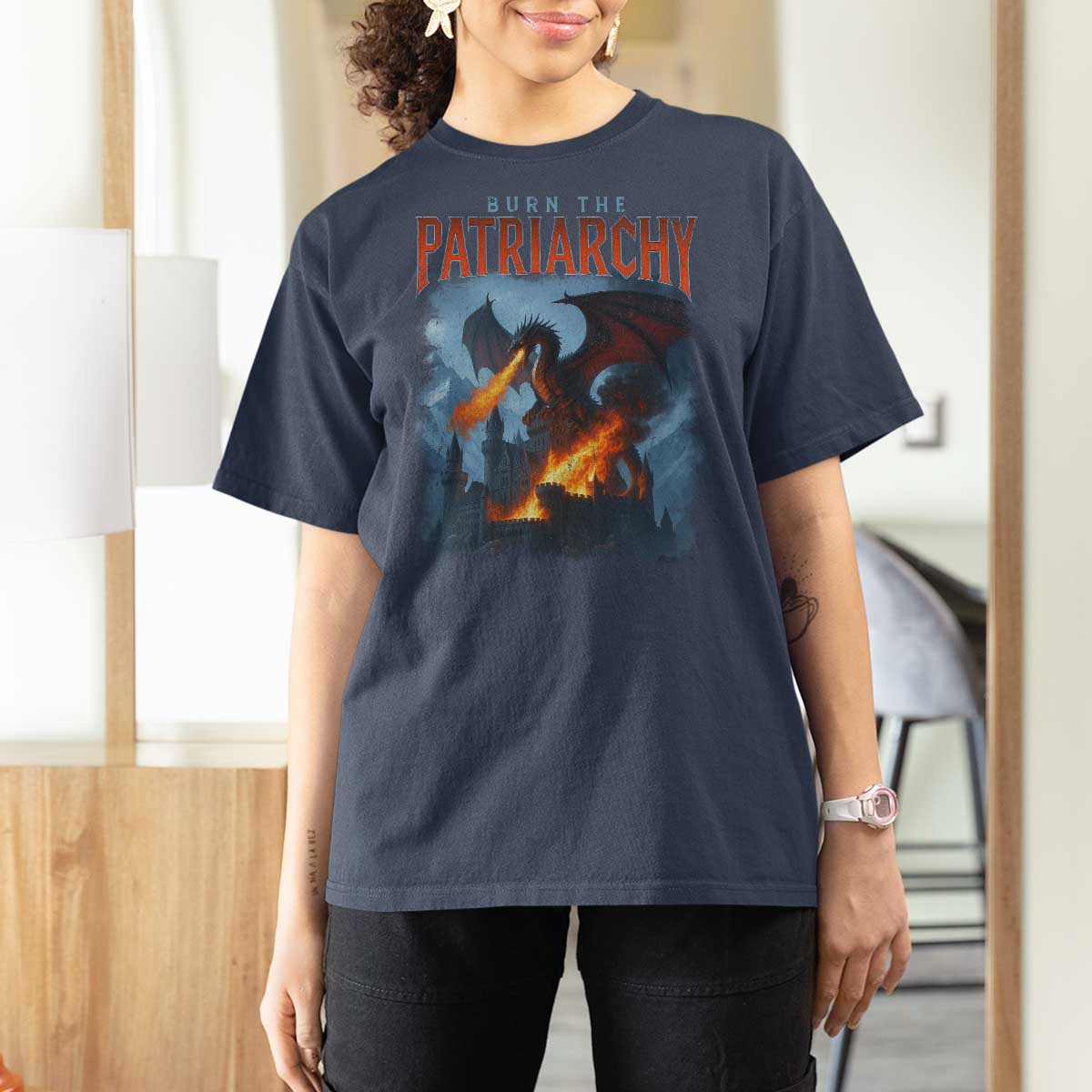 Vintage 90s Feminism Dragon T Shirt For Women Burn the Patriarchy - Wonder Print Shop