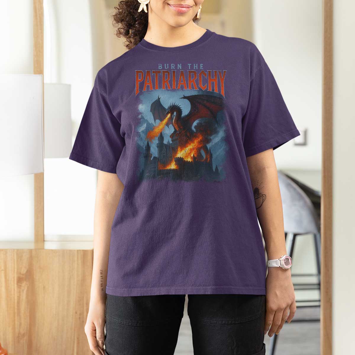 Vintage 90s Feminism Dragon T Shirt For Women Burn the Patriarchy - Wonder Print Shop
