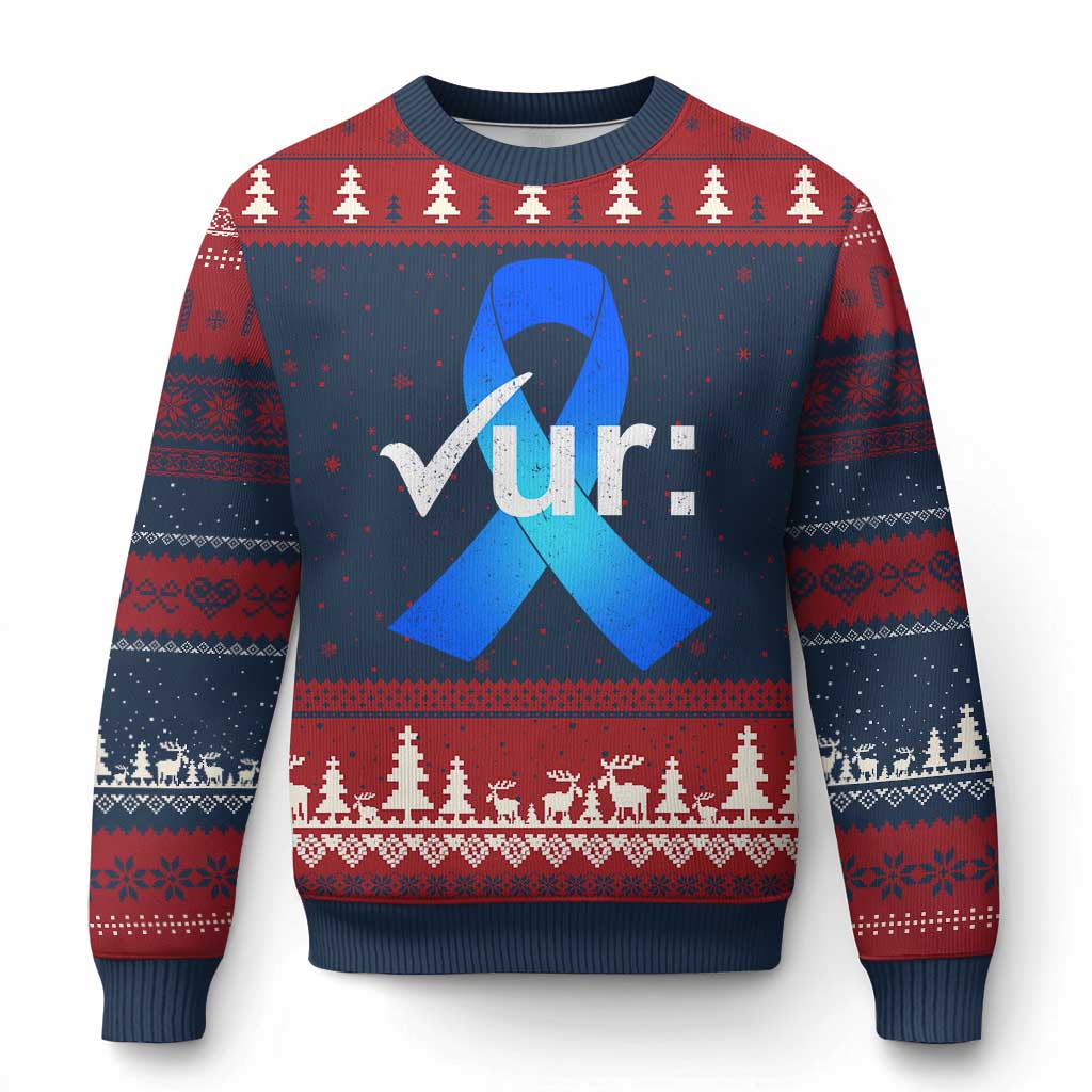 Colon Cancer Awareness Ugly Christmas Sweater Blue Ribbon Colonoscopy Colorectal