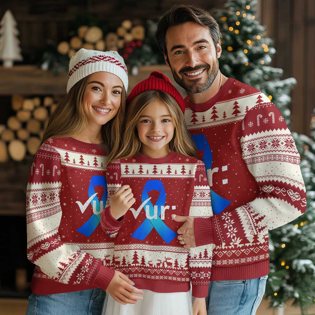 Colon Cancer Awareness Ugly Christmas Sweater Blue Ribbon Colonoscopy Colorectal