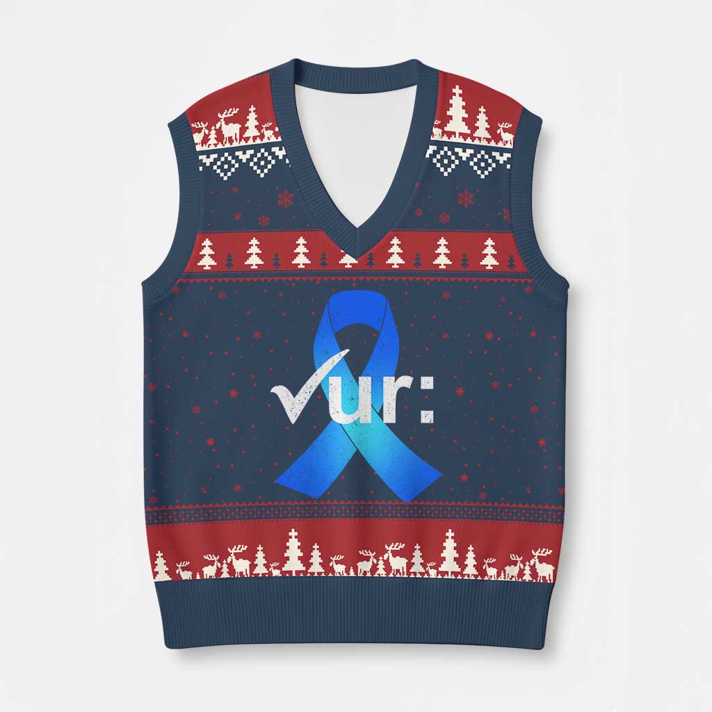 Colon Cancer Awareness V-Neck Knit Sweater Vest Blue Ribbon Colonoscopy Colorectal