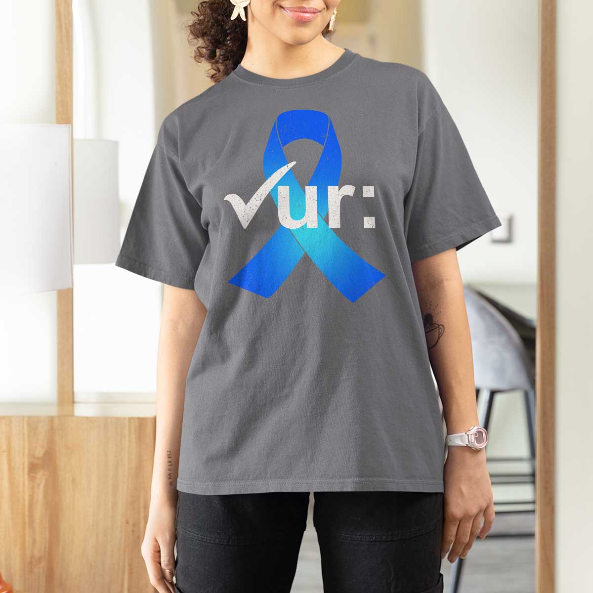 Colon Cancer Awareness T Shirt For Women Blue Ribbon Colonoscopy Colorectal
