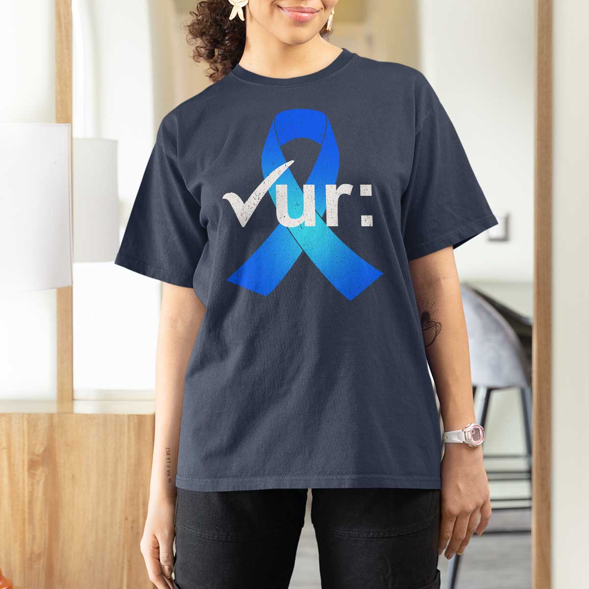 Colon Cancer Awareness T Shirt For Women Blue Ribbon Colonoscopy Colorectal