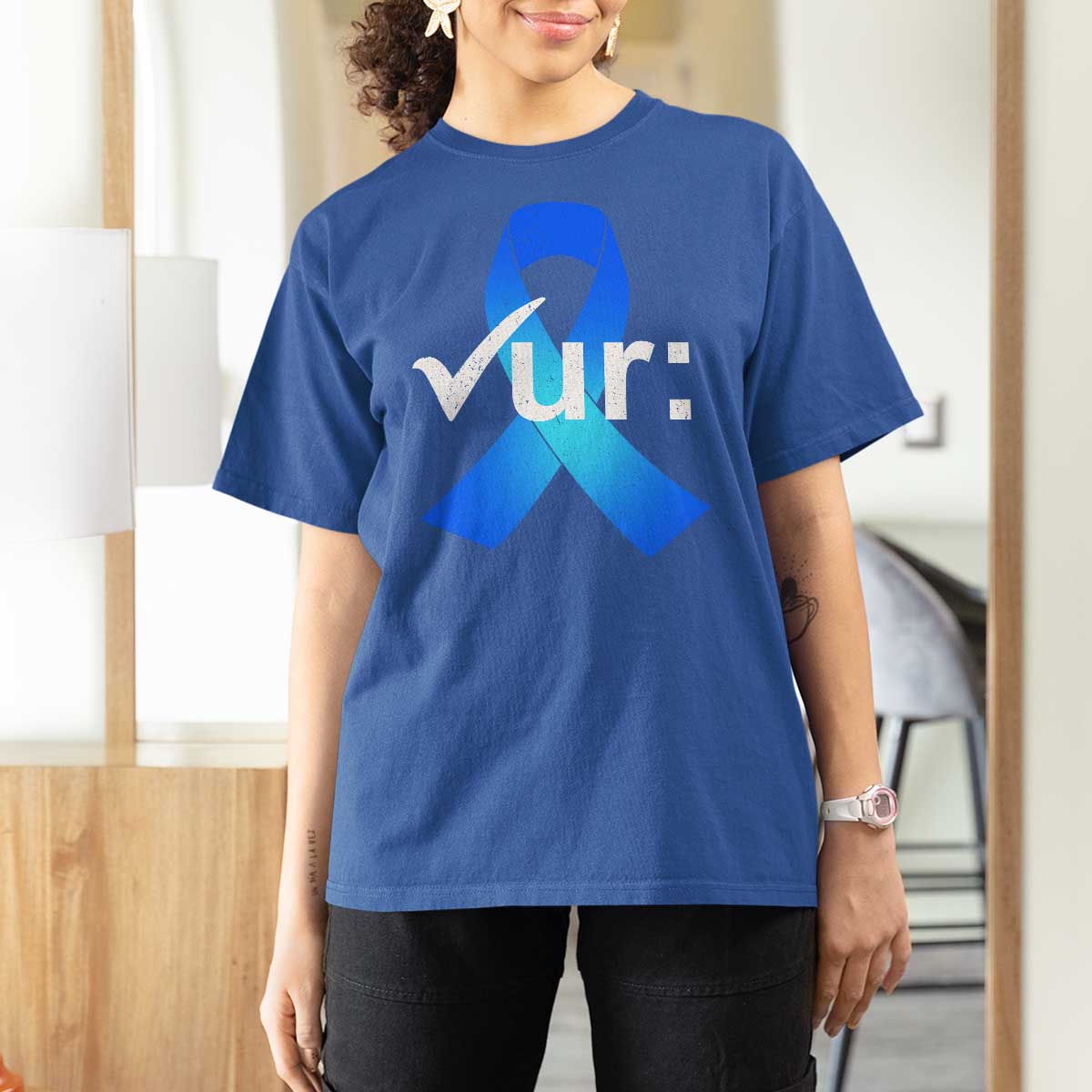 Colon Cancer Awareness T Shirt For Women Blue Ribbon Colonoscopy Colorectal