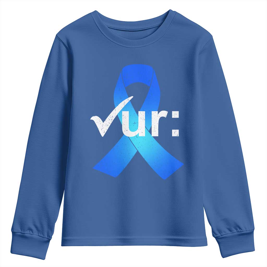 Colon Cancer Awareness Youth Sweatshirt Blue Ribbon Colonoscopy Colorectal