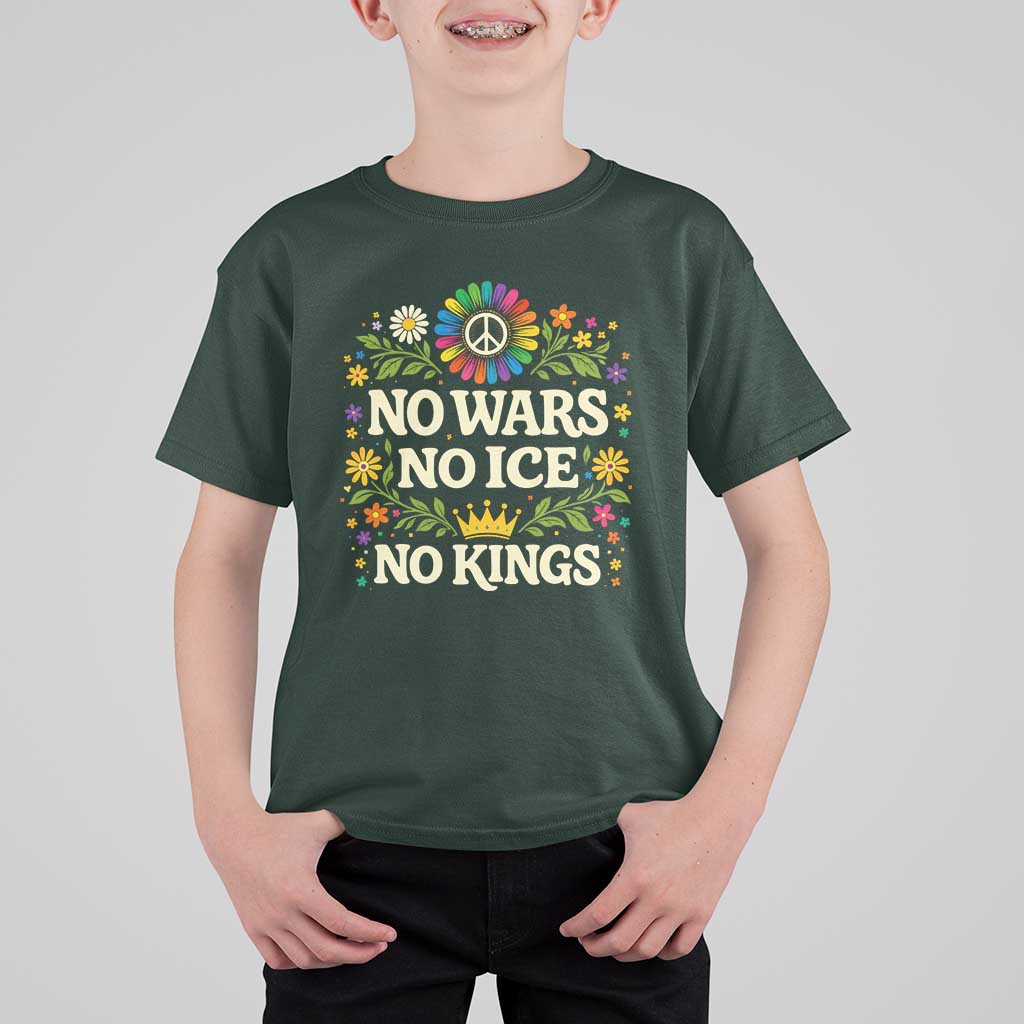 No Wars No ICE No Kings T Shirt For Kid Floral Resist Anti War Protest